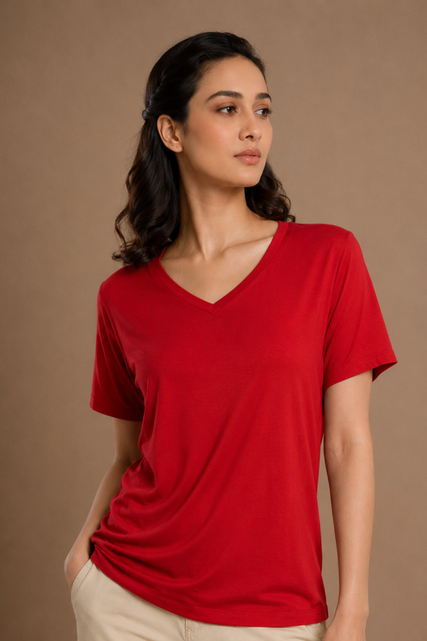 Bamboo Lounge V-Neck T-Shirt (Bold Red)