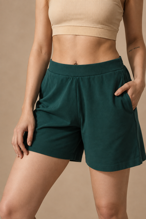Women’s Organic Cotton Lounge Shorts – High-Waist with Utility Pocket (280 GSM) (Deep Teal)