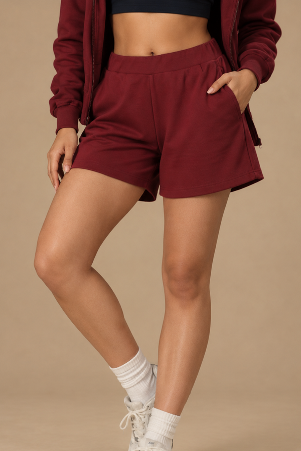 Women’s Organic Cotton Lounge Shorts – High-Waist with Utility Pocket (280 GSM) (Sangria)