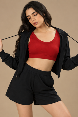 Women’s Organic Cotton Lounge Shorts – High-Waist with Utility Pocket (280 GSM) (Carbon Black)
