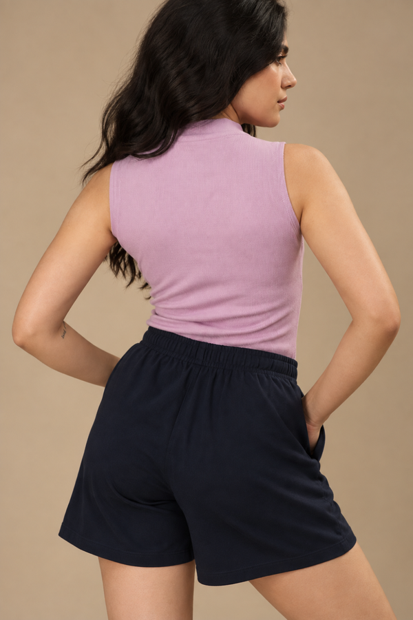 Women’s Organic Cotton Lounge Shorts – High-Waist with Utility Pocket (280 GSM) (Midnight Navy)