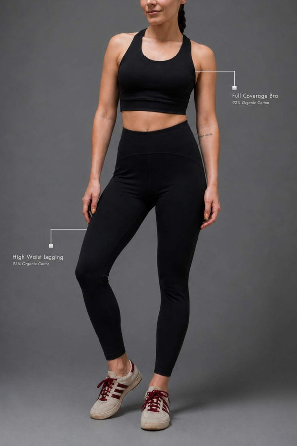 Organic Cotton Full Coverage Bra and High Waist Leggings Set (Carbon Black)
