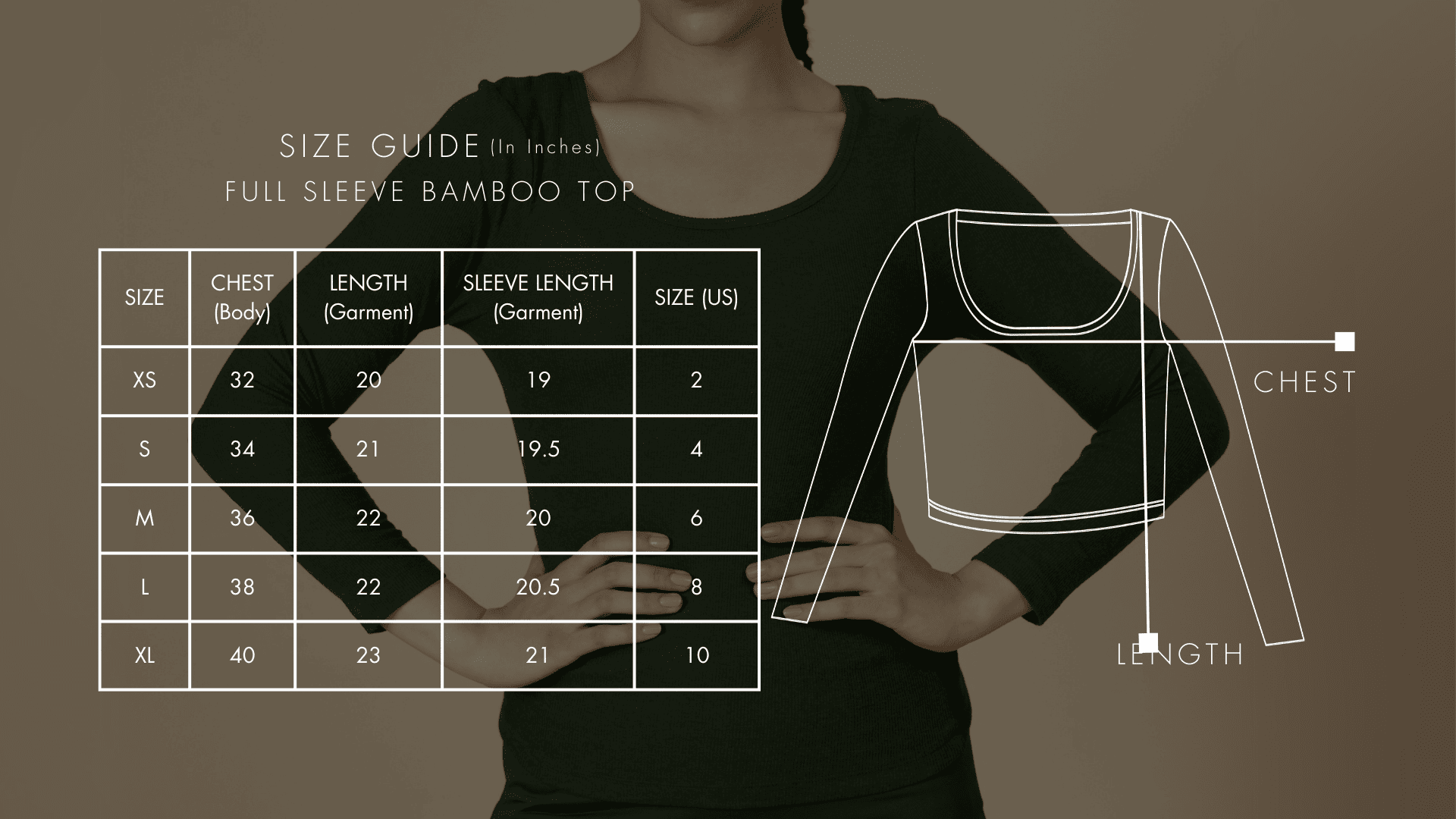 Full Sleeve Bamboo Top – Inches (Desktop)